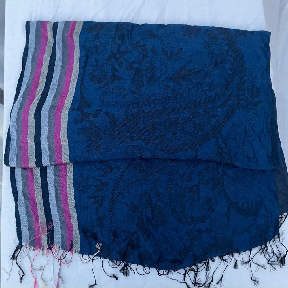 100% cashmere scarf, beautiful, blue color with pink, gray, black, & tan stripes